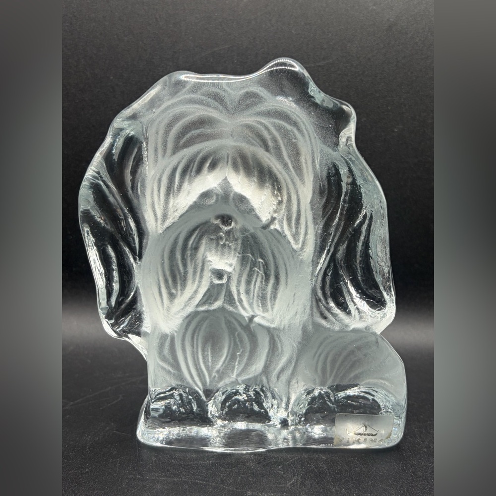 Viking Glass Terrier Shih Tzu Bookend Satin Dog Paperweight Figurine w/ Sticker